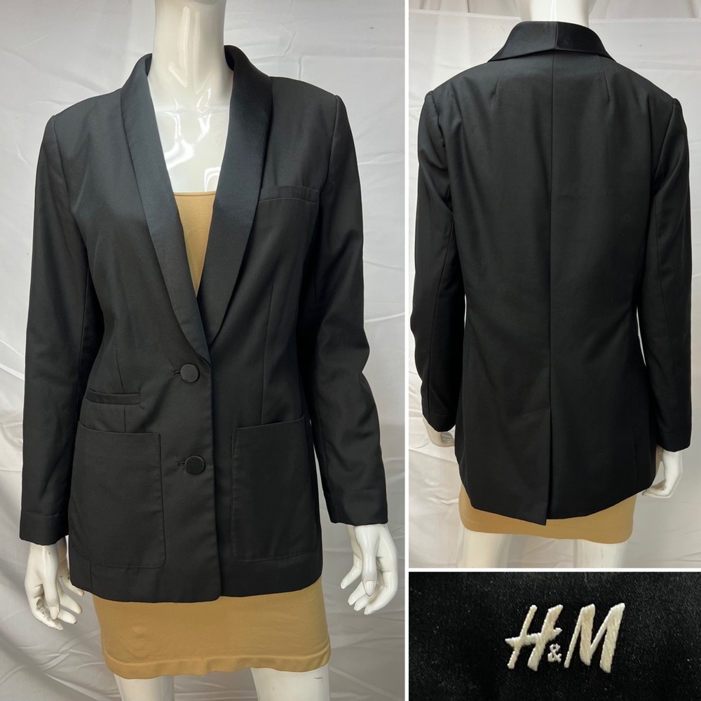 Women's H&M Black Tuxedo Satin Lapel 2-Button 12 Blazer Jacket